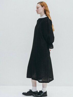 Fog Linen Work Nicky Dress Black 100% Linen Long Ruffle Cuff One Size NWT